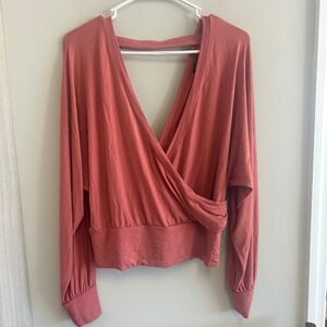 Express Long Sleeve Wrap Top Blouse Ruched Waist Cutout Back Women's Med coral